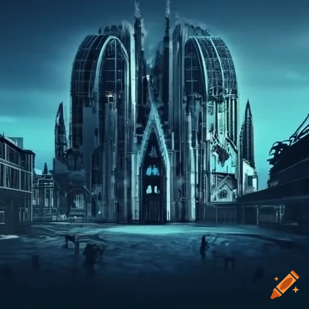 Dystopian city with gothic architecture