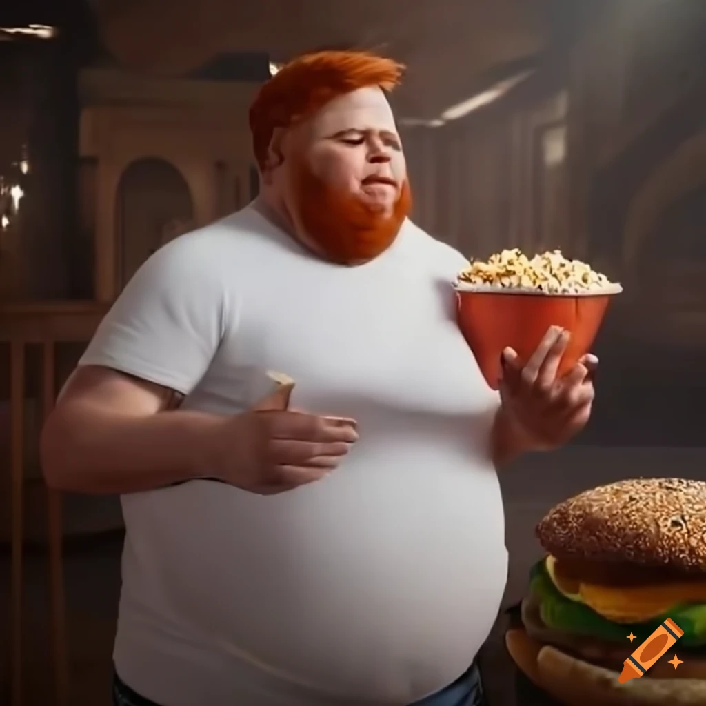 Red-haired man playing video games with popcorn and burger on Craiyon