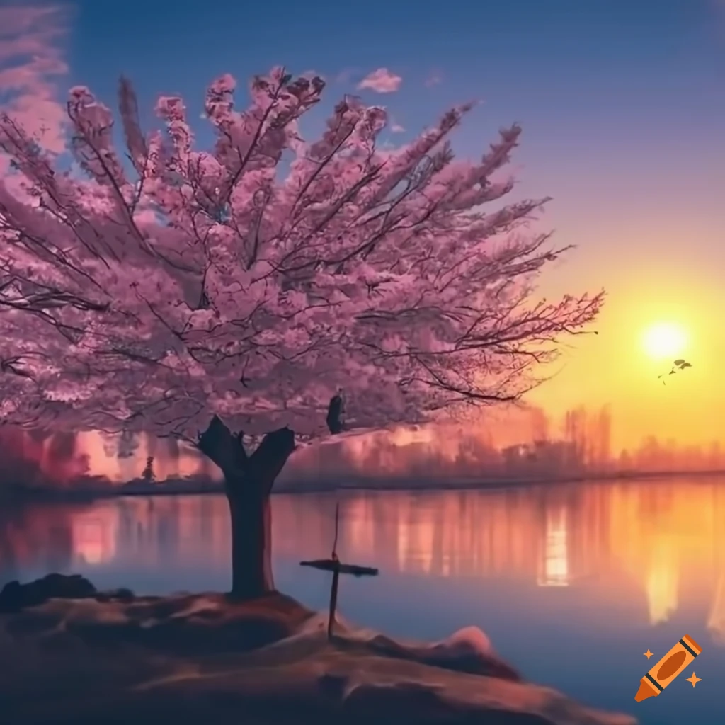 Sunset and cherry blossom tree with samurai sword on craiyon