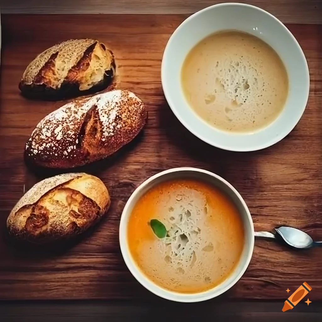 Delicious soup with sourdough bread