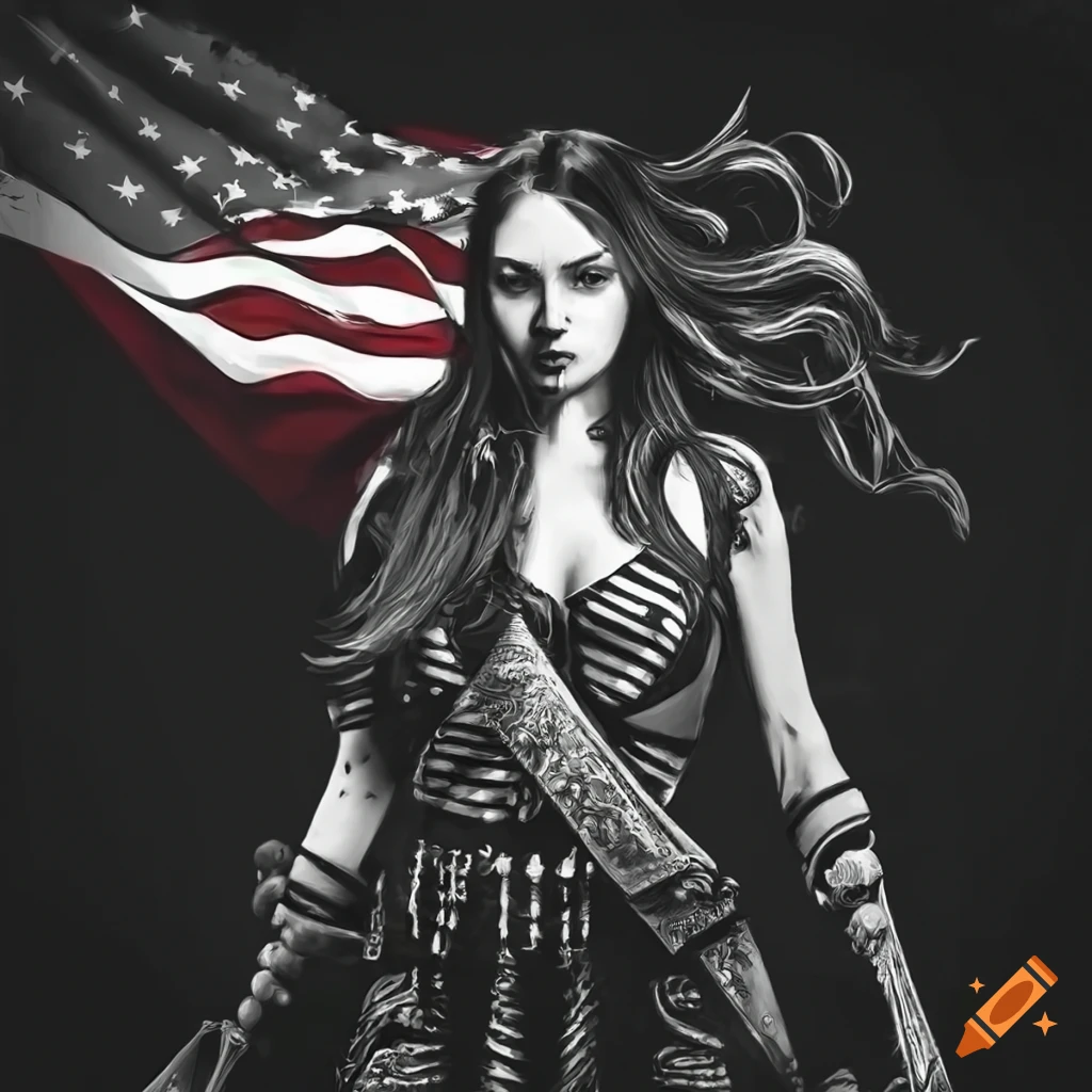 black and white image of a beautiful woman holding a sword with American flag