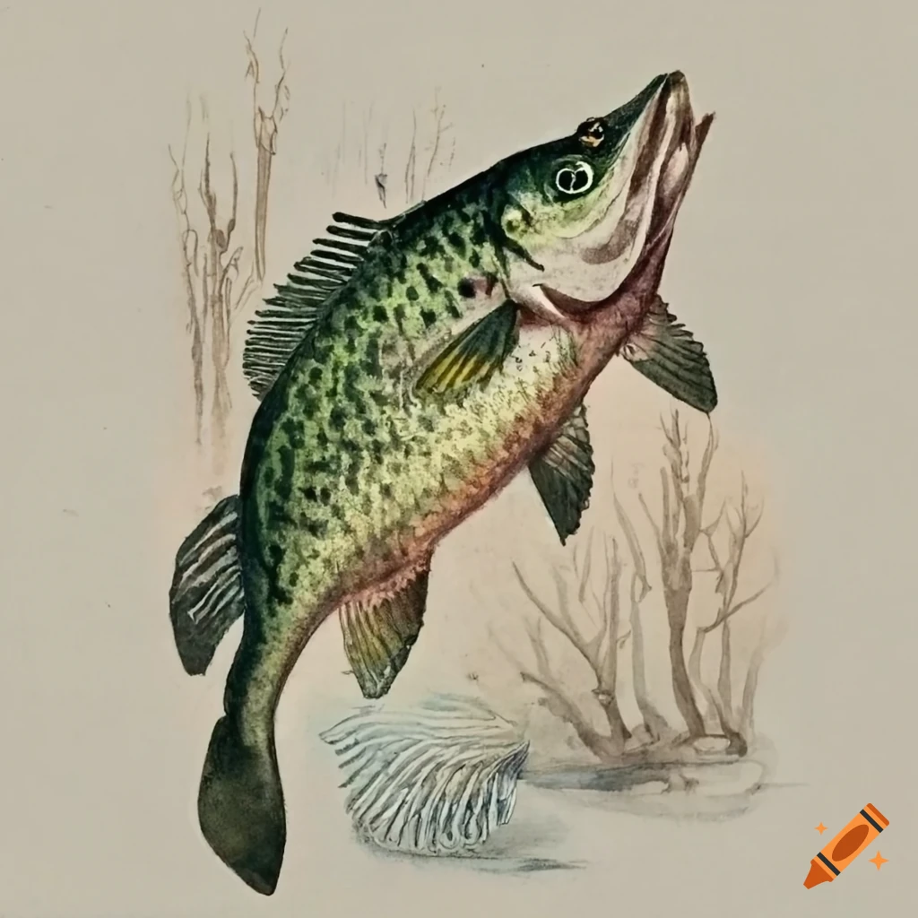 Pencil drawing of a crappie fish jumping out of the water with a