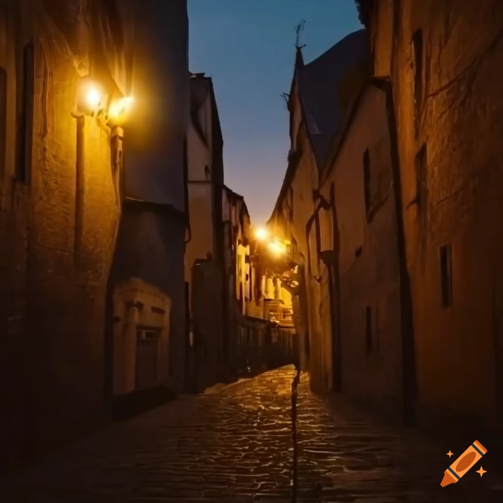 medieval city street at dusk