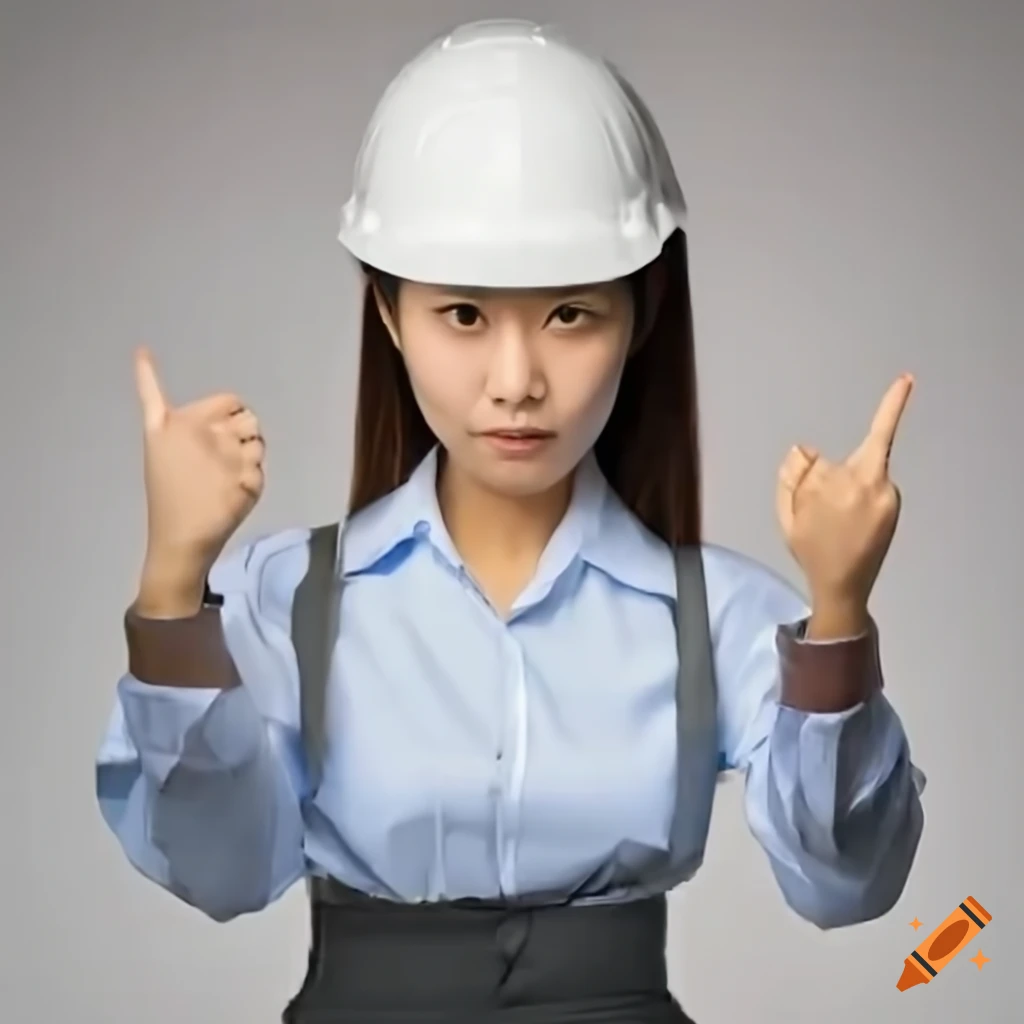 Japanese female office worker wearing hard hat