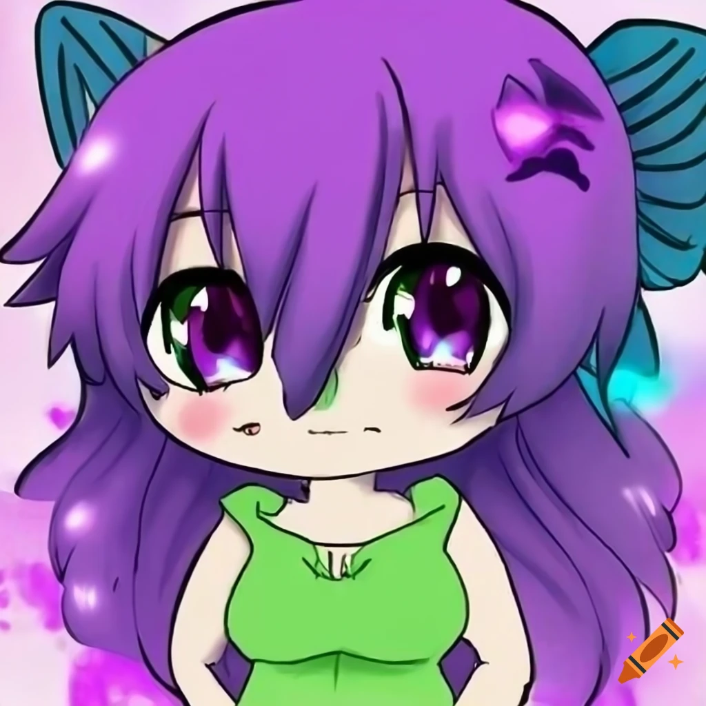 chibi anime style furry shark in black, green, purple and blue