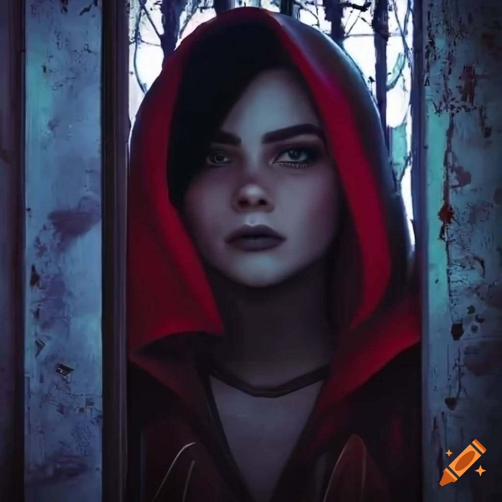 Photorealistic portrait of a goth woman in red hoodie
