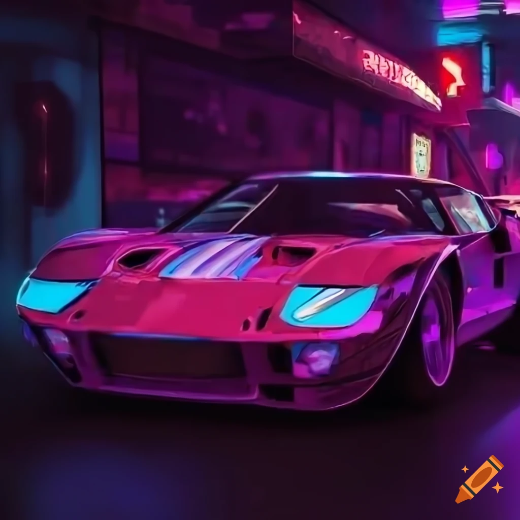 Neon lit Vintage Sports Car In Cyberpunk Style