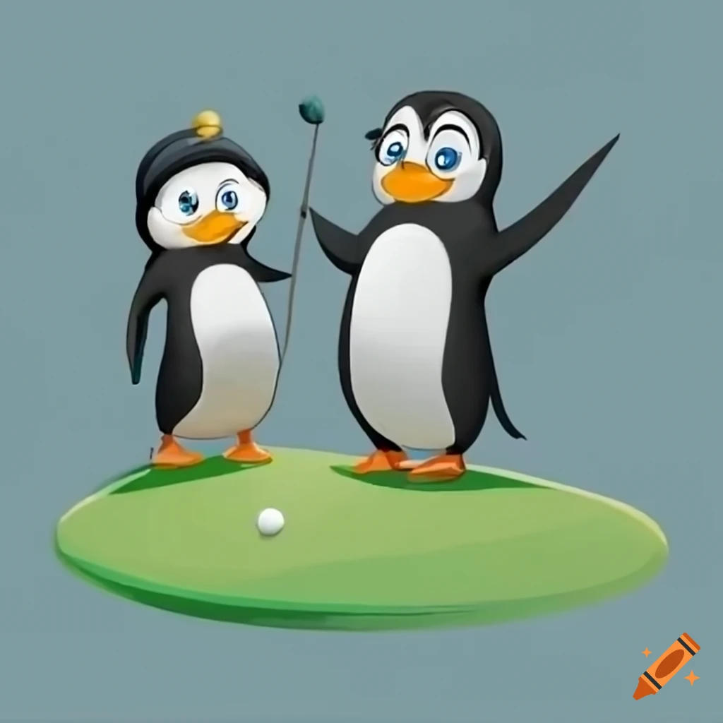 Cartoon penguins playing golf on Craiyon