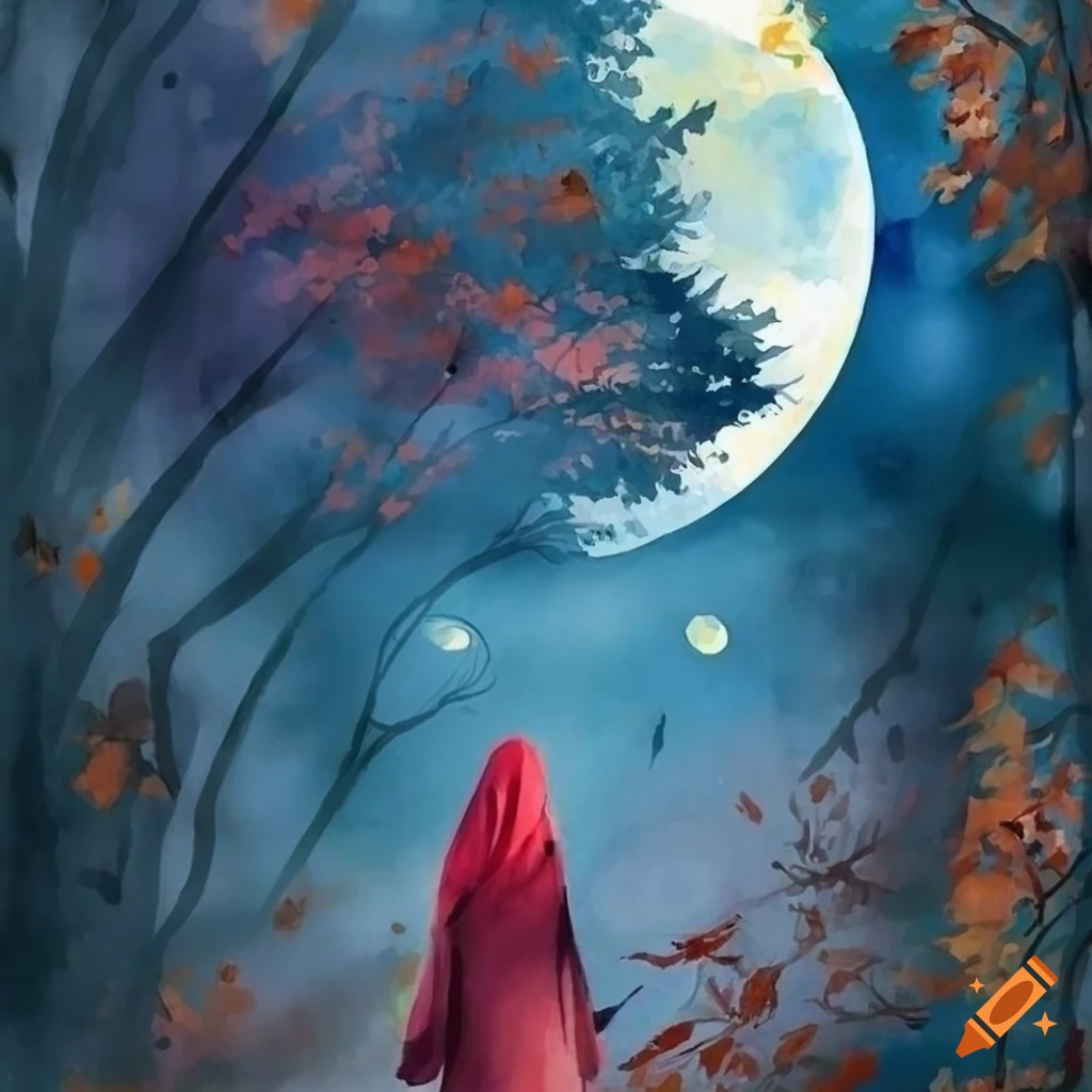 watercolor painting of a girl in hijab walking through autumn leaves at night