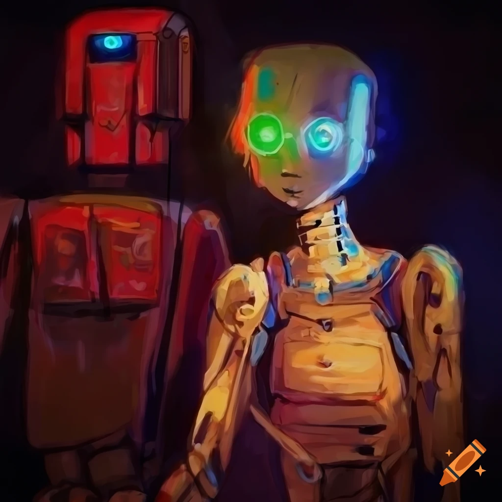 crowded marketplace with puppet mannequins and neon signs