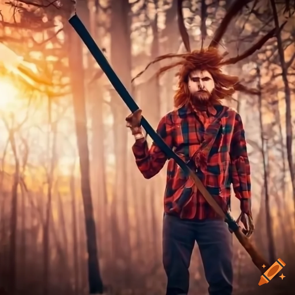 Ginger lumberjack in the forest at sunset on Craiyon