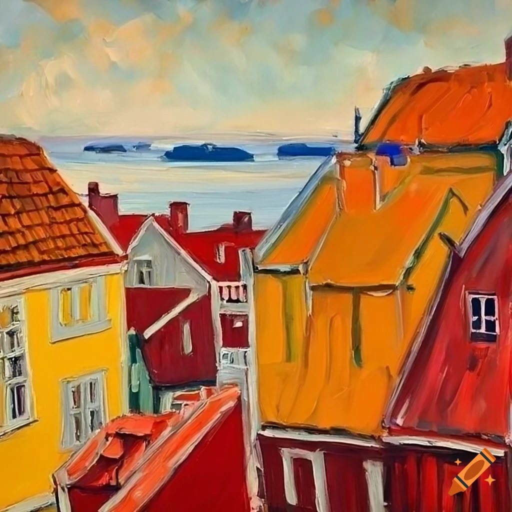 colorful oil painting of a seaside town in Norway style