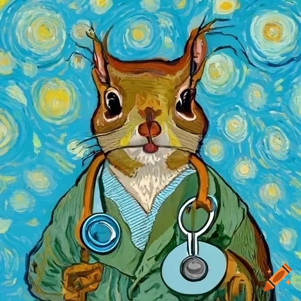 van gogh style portrait of a squirrel wearing a doctor's gown