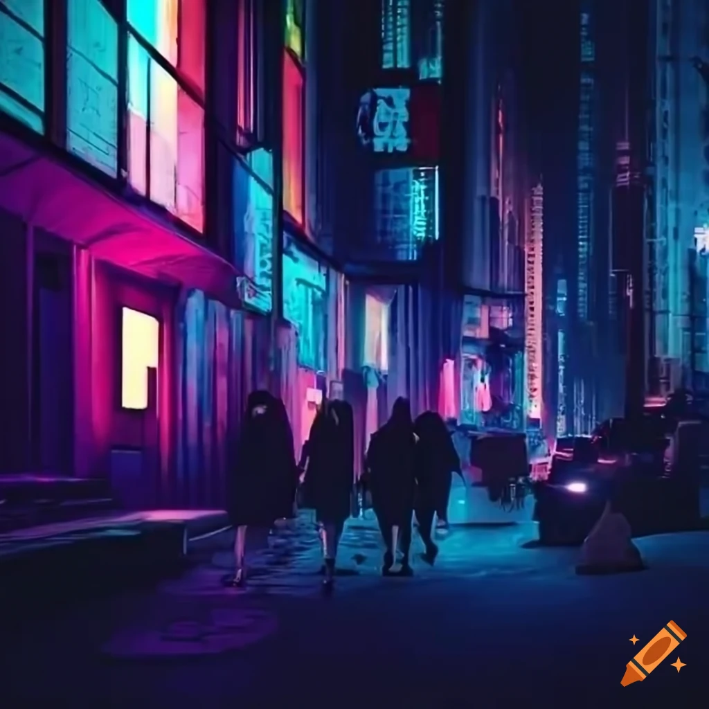 artistic depiction of a crowded cyberpunk city at night