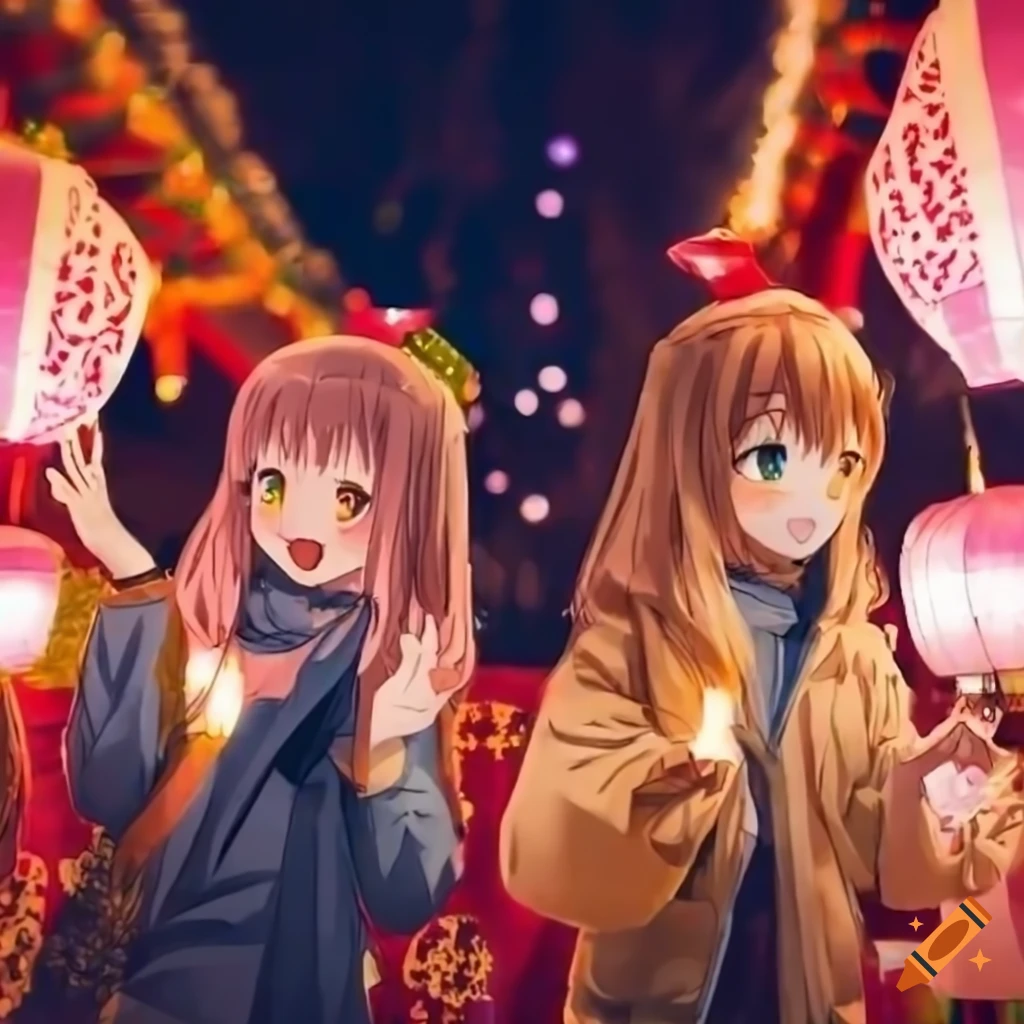 Anime girls with lanterns at a christmas market on Craiyon