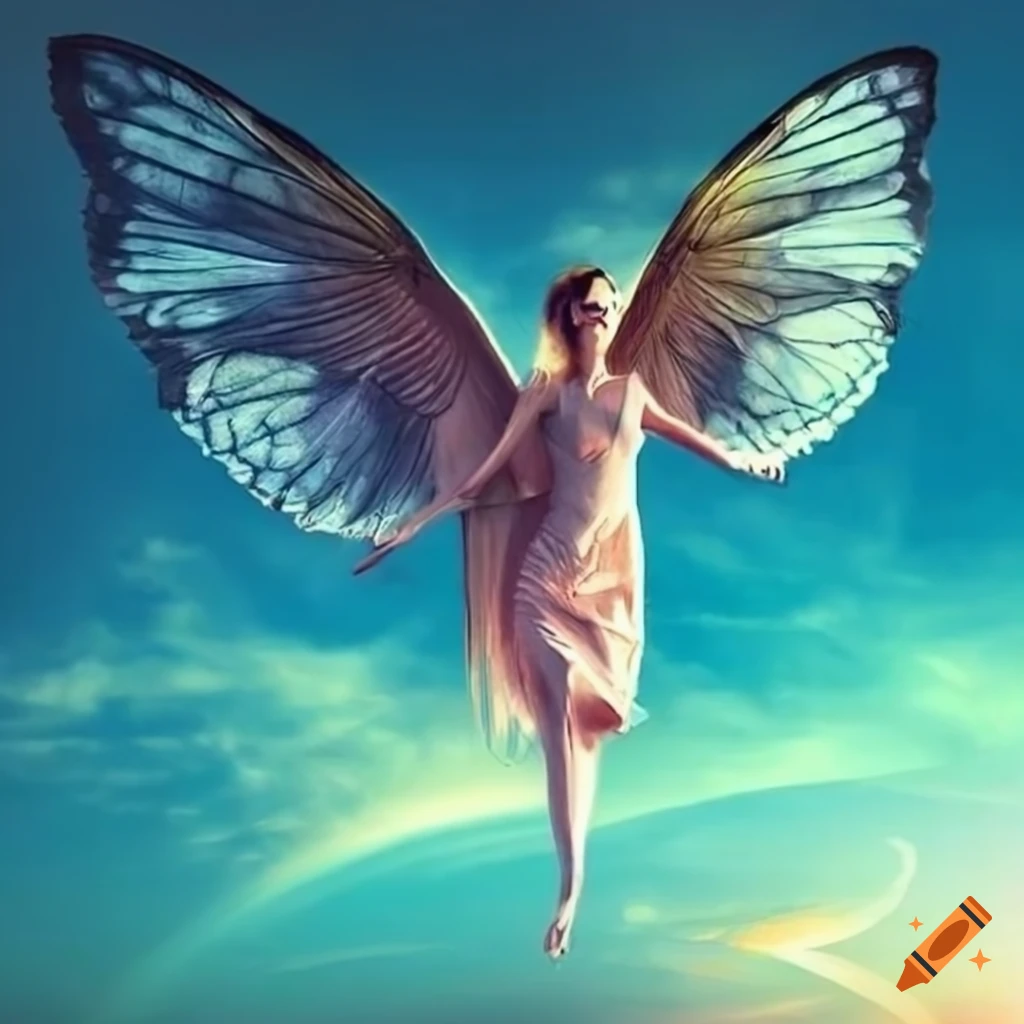 Artistic representation of a woman with flying wings on Craiyon
