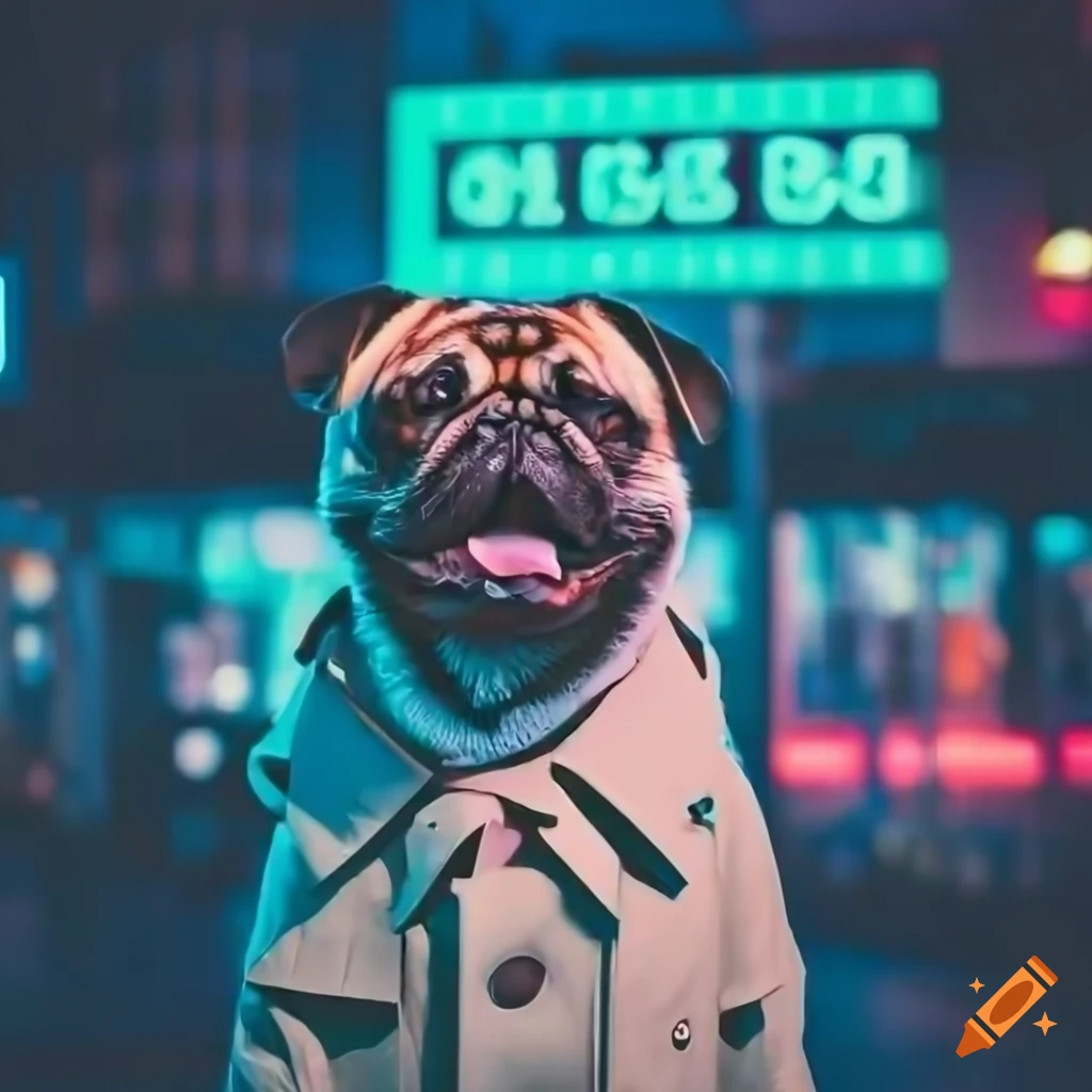 Close-up photo of a stylish pug in a futuristic japanese market on Craiyon
