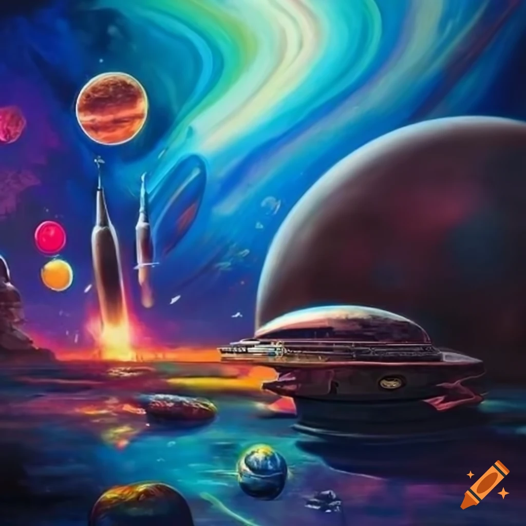Retro sci-fi book cover with spaceships and alien planets