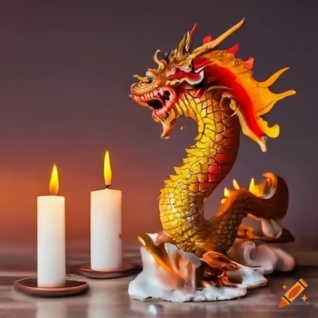 Chinese dragon statue submerged in liquid, surrounded by candles on Craiyon