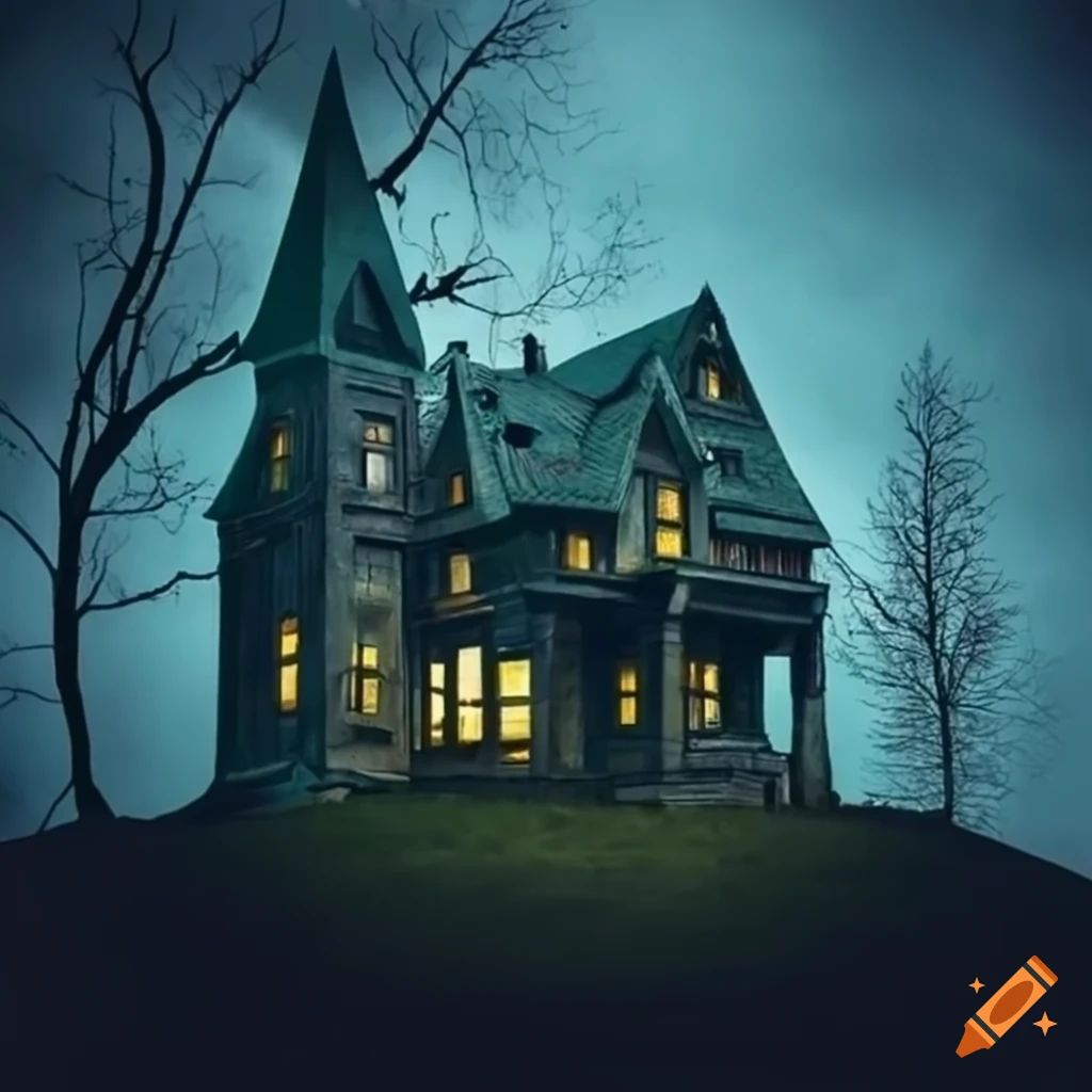 Haunted house on a hill with a lone tree on Craiyon