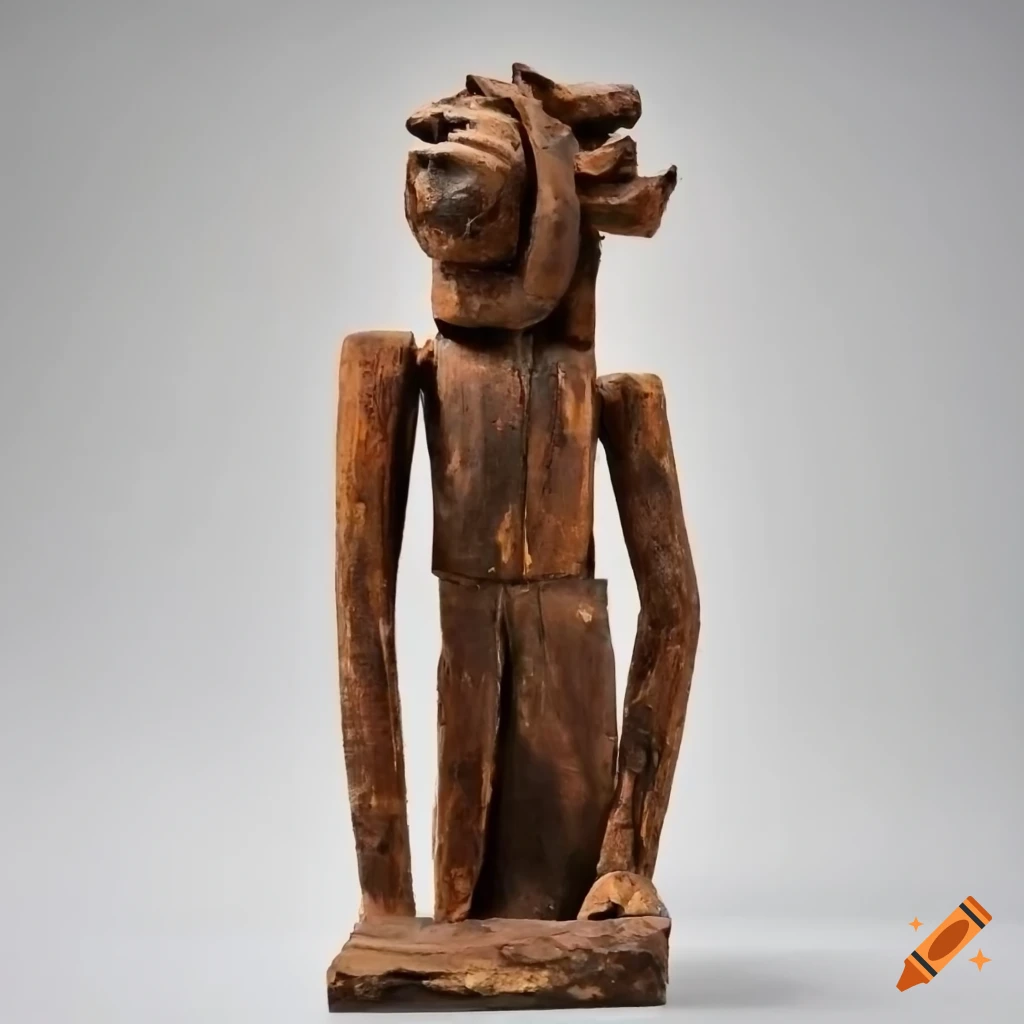 Wooden sculptures with rough and worn paint on Craiyon