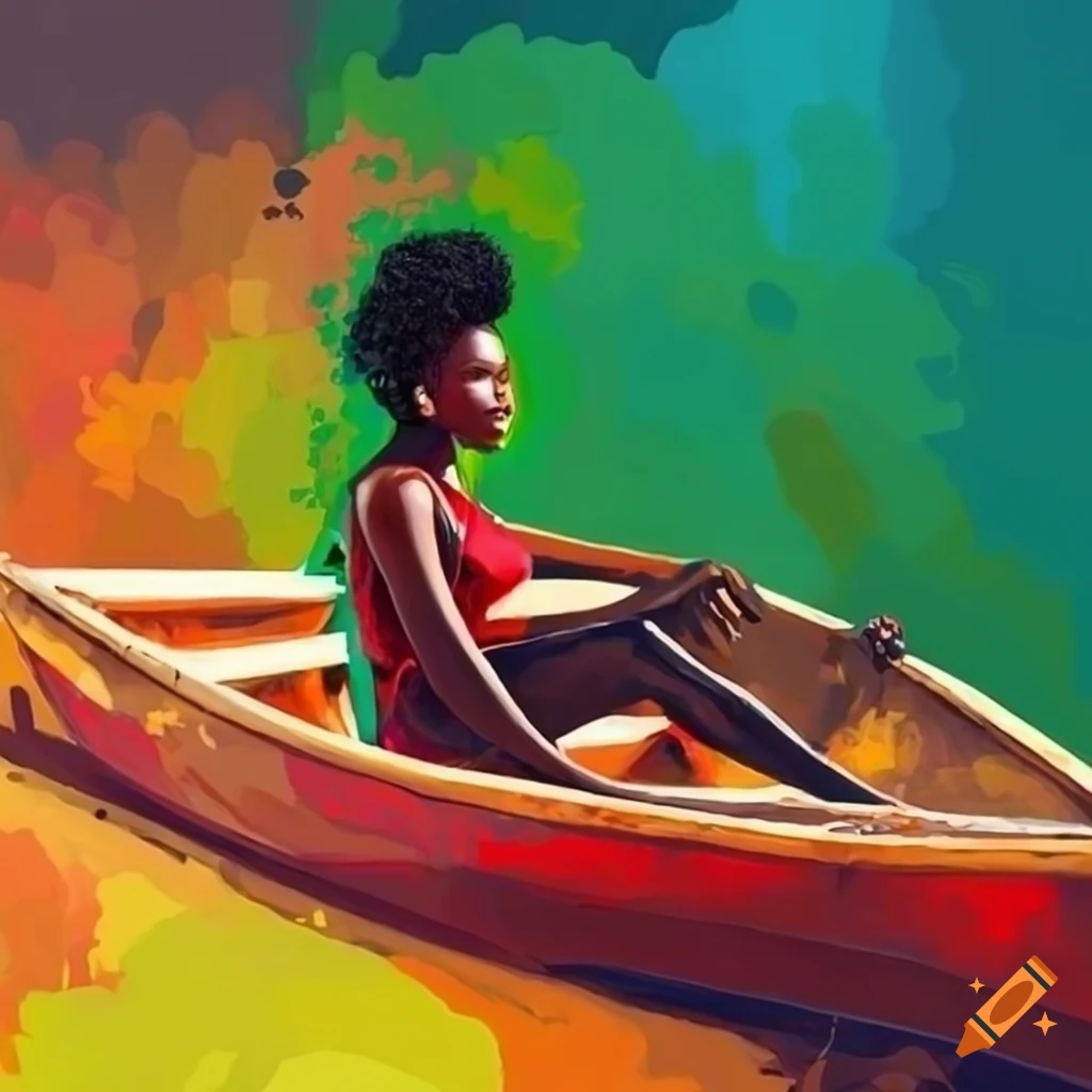 vibrant artwork of black girls on colorful canoes