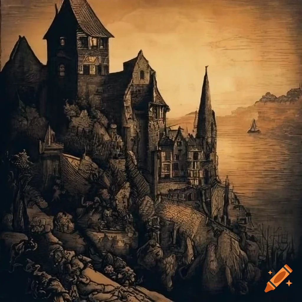 Engraving of a foggy autumn village in a dark fantasy world on Craiyon