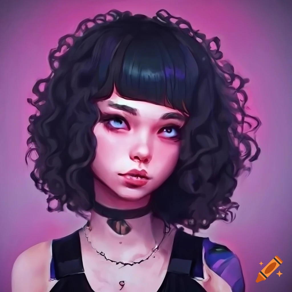 Realistic artwork of a cute goth girl with long curly black hair