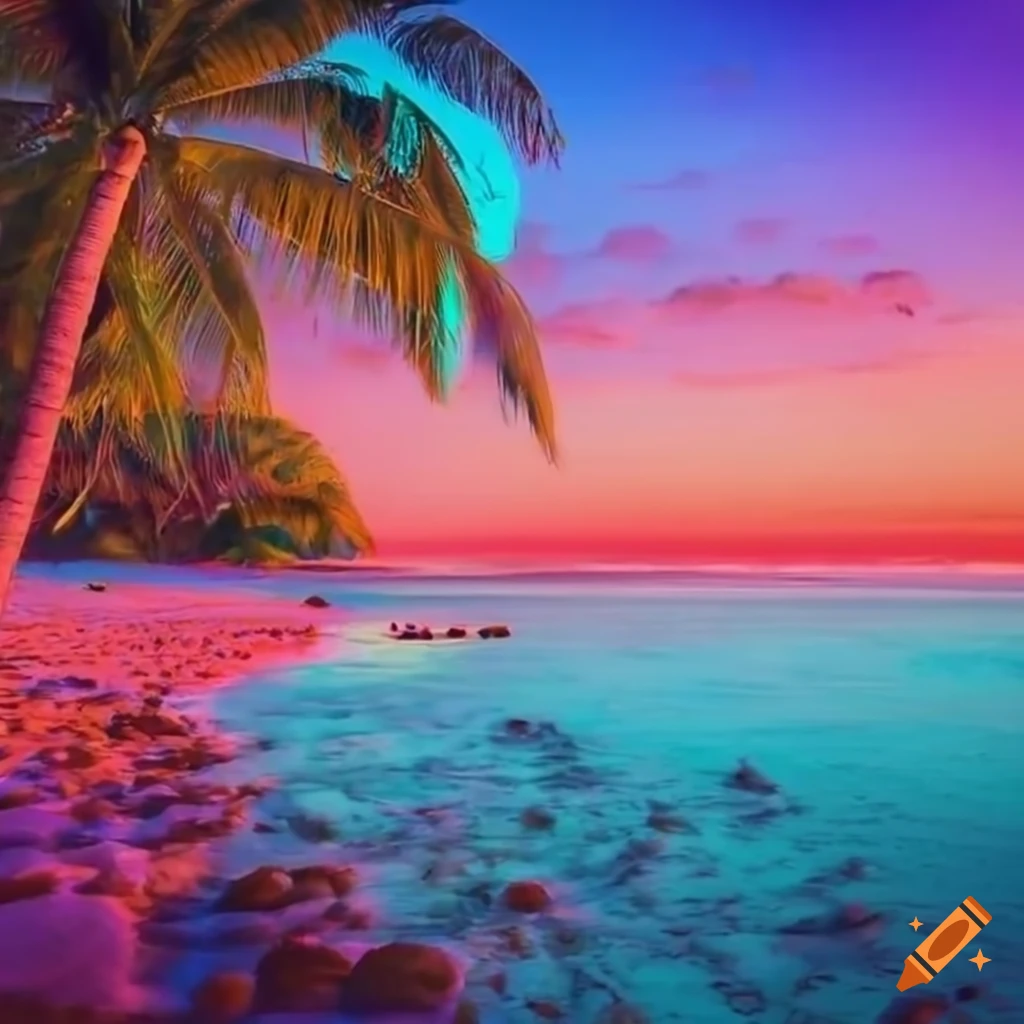 Neon Beachscape With Palm Tree On Craiyon