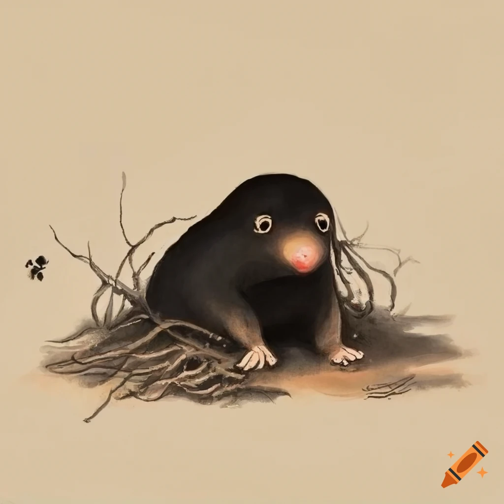 Chinese ink painting of a mole in an underground burrow