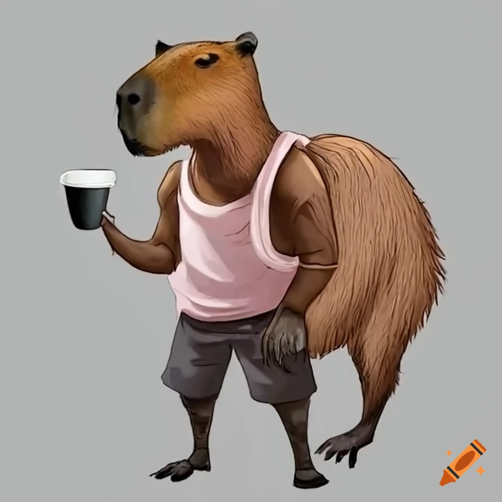 capybara wearing a tank top and shorts with a cup of coffee
