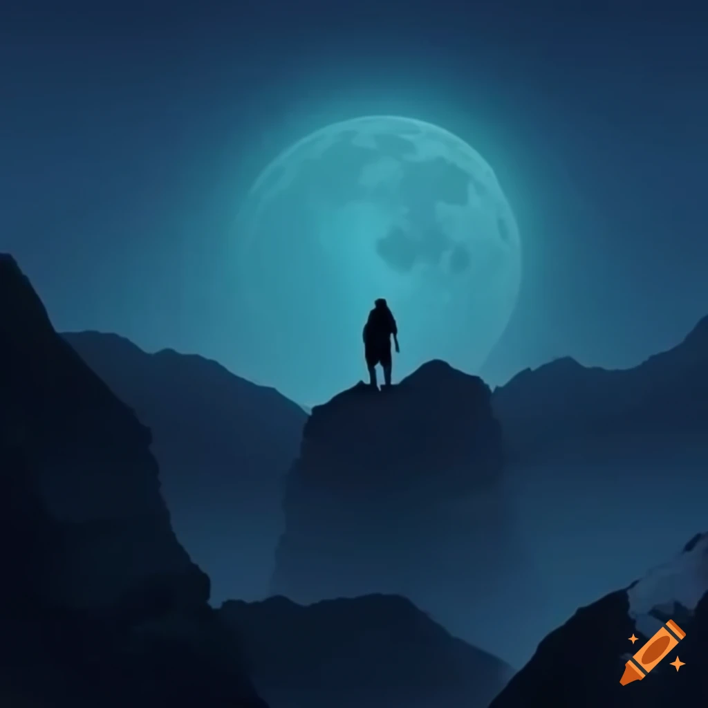 man reaching towards the moon on a mountain