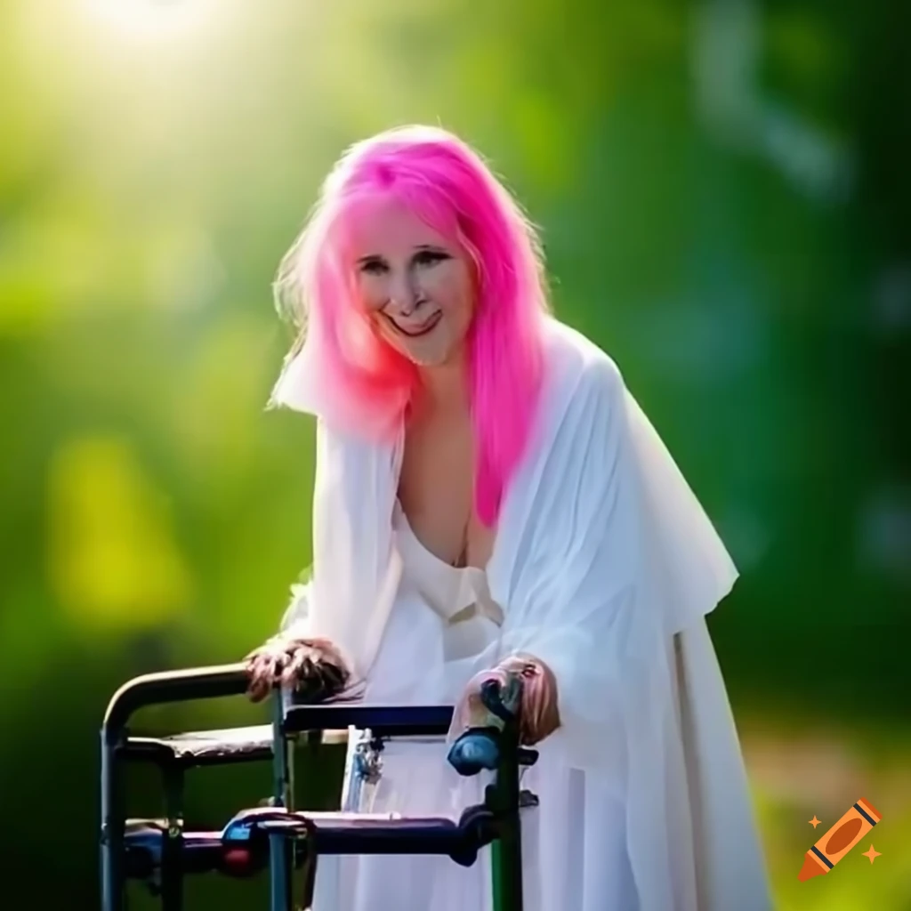 Portrait of a pink-haired woman with a walker on Craiyon