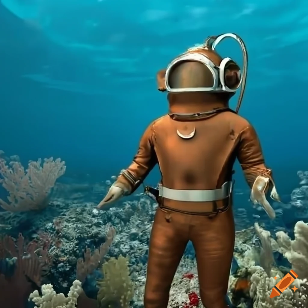 colorful corals surrounding an old copper diving suit