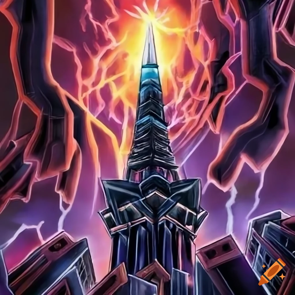 yugioh-card-art-of-a-tower-struck-by-lightning-on-craiyon