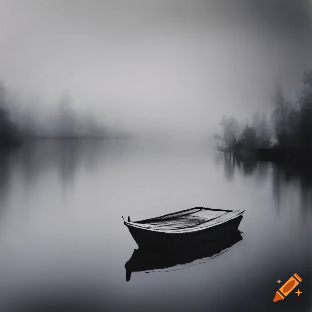 black and white photo of a boat on a foggy lake