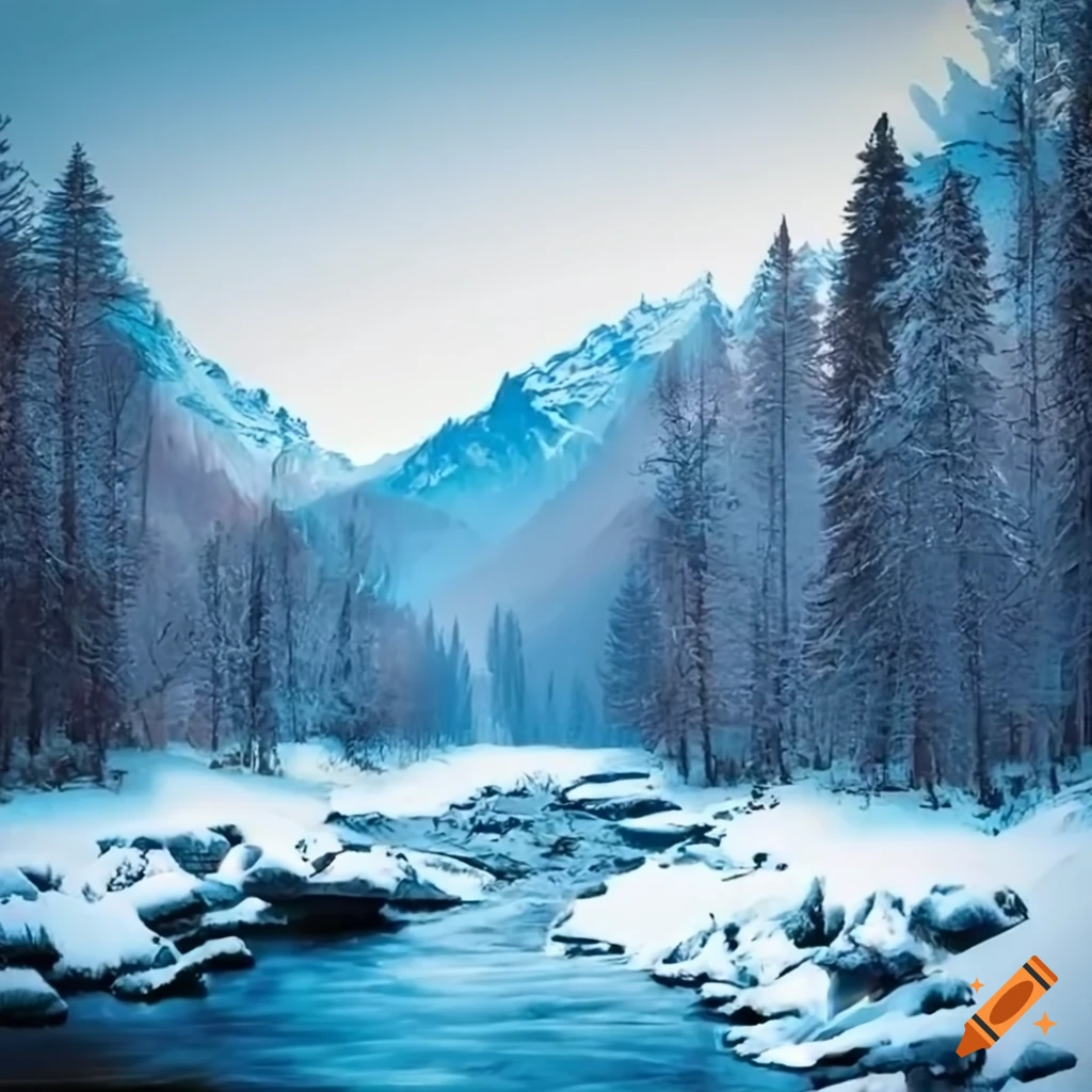 snowy landscape with tall trees and mountains
