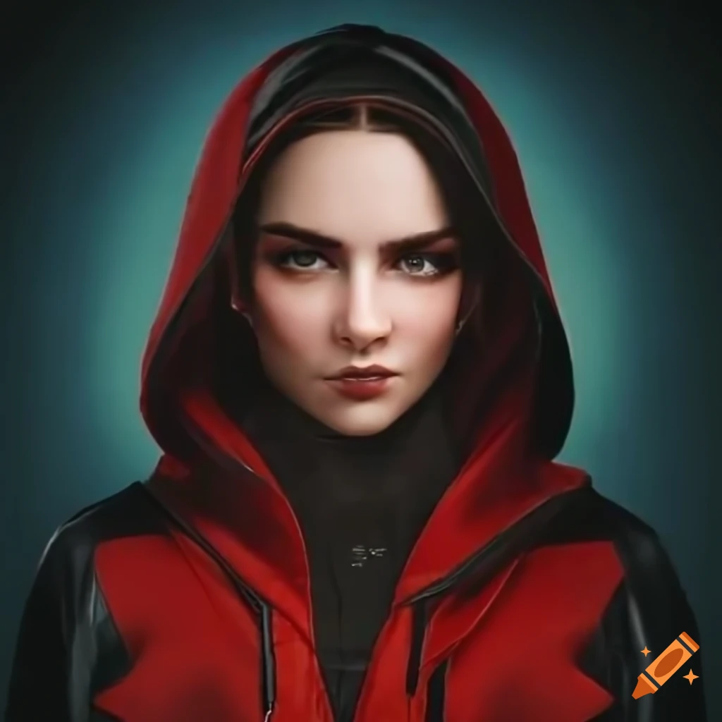 Photorealistic portrait of a goth woman in red hoodie