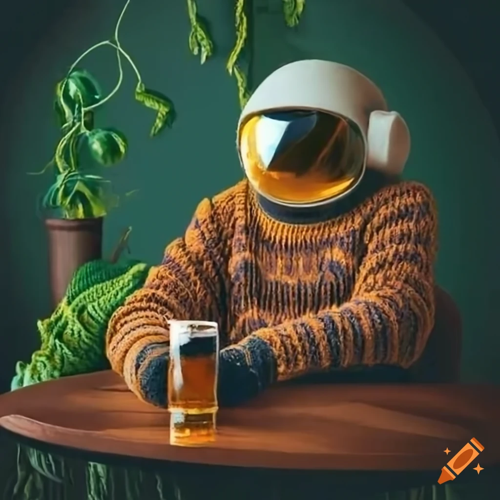 Astronaut knitting a pullover in space