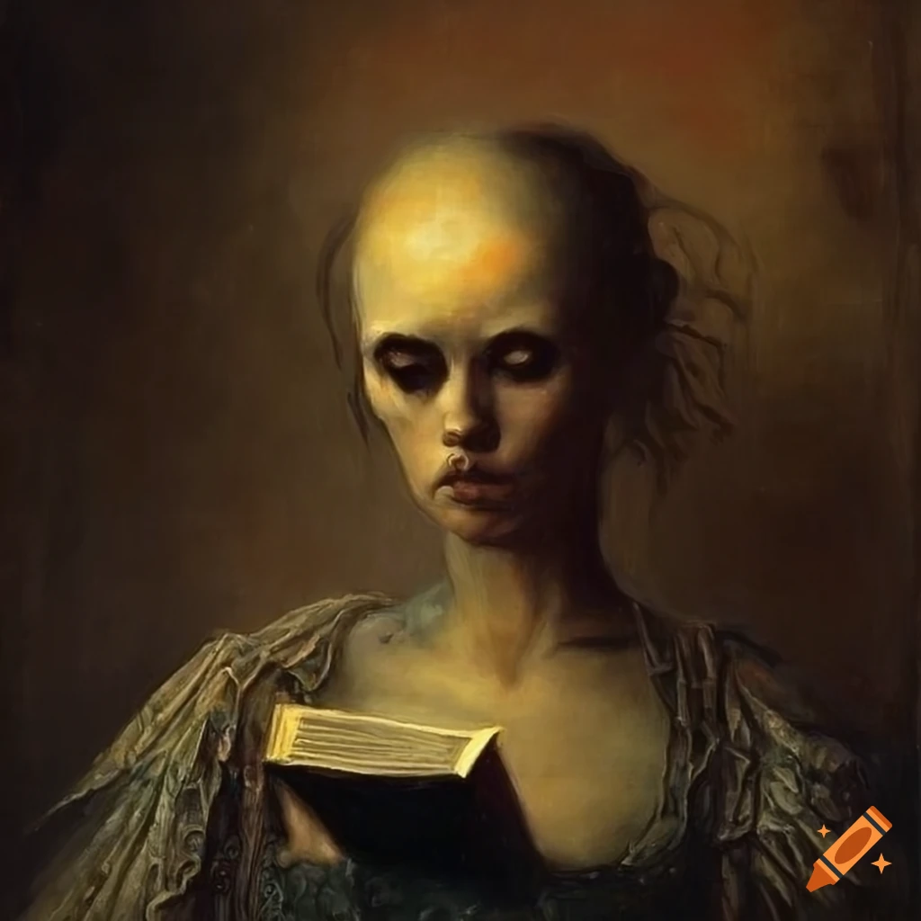 dark art painting of a victorian woman holding a book