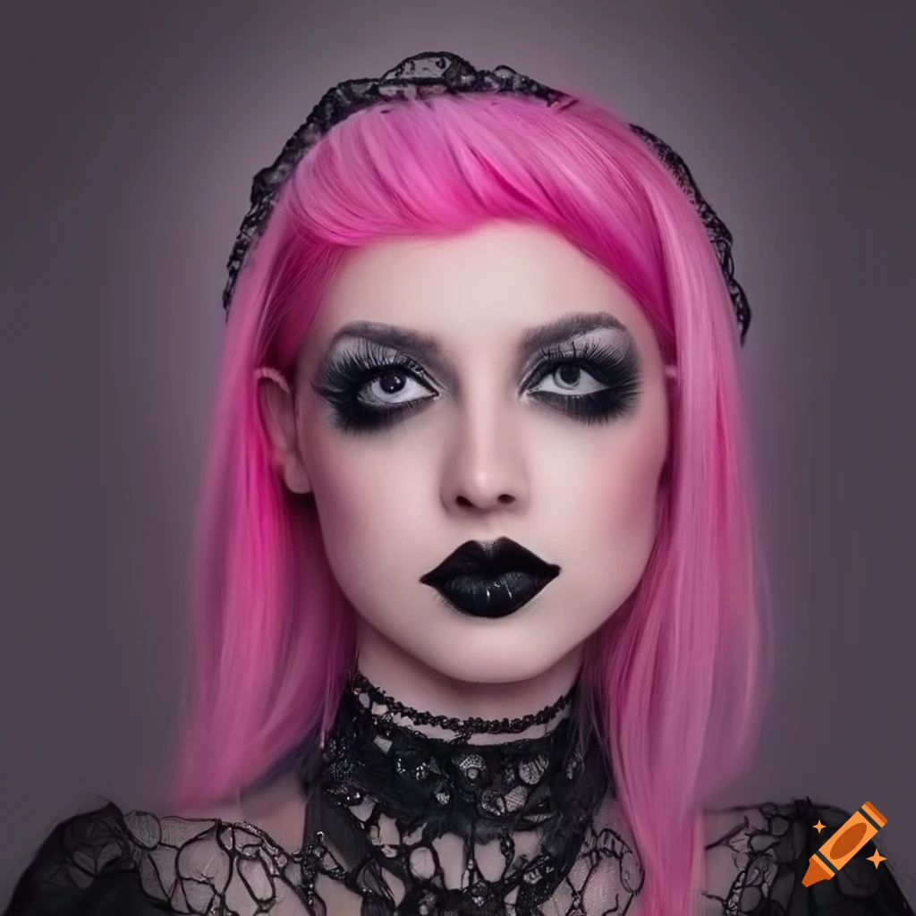 Goth girl with pink hair and black dress on Craiyon