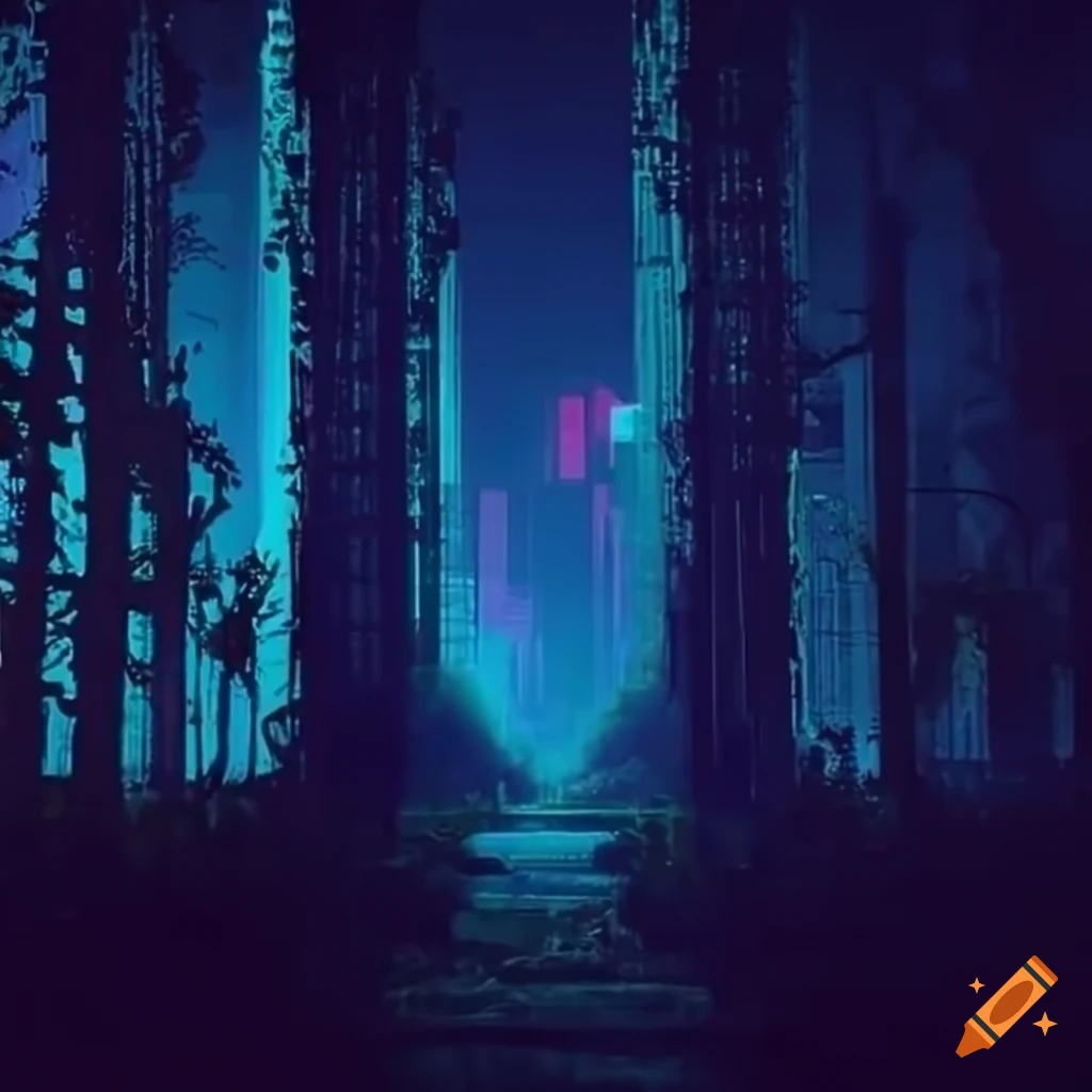 Synthwave cityscape with moss and vines on Craiyon