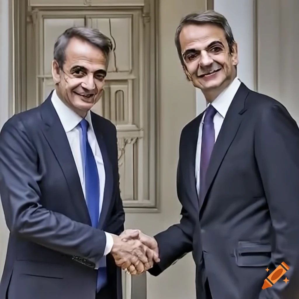 Kyriakos Mitsotakis shaking hands with Mr Bean