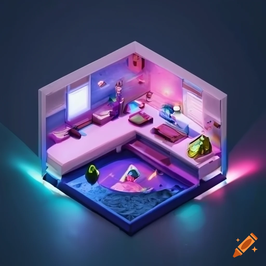 Isometric view of a galaxy themed room