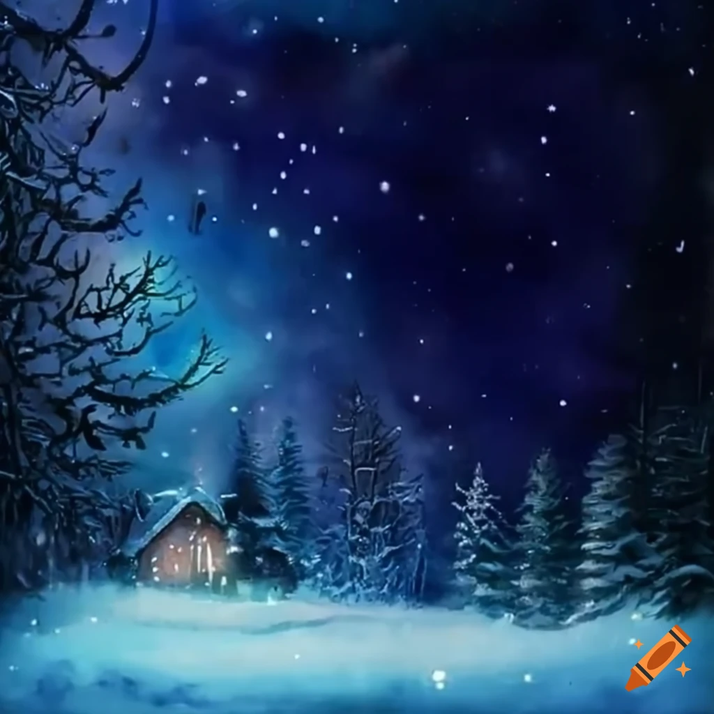Winter night with snowfall and christmas lights on Craiyon