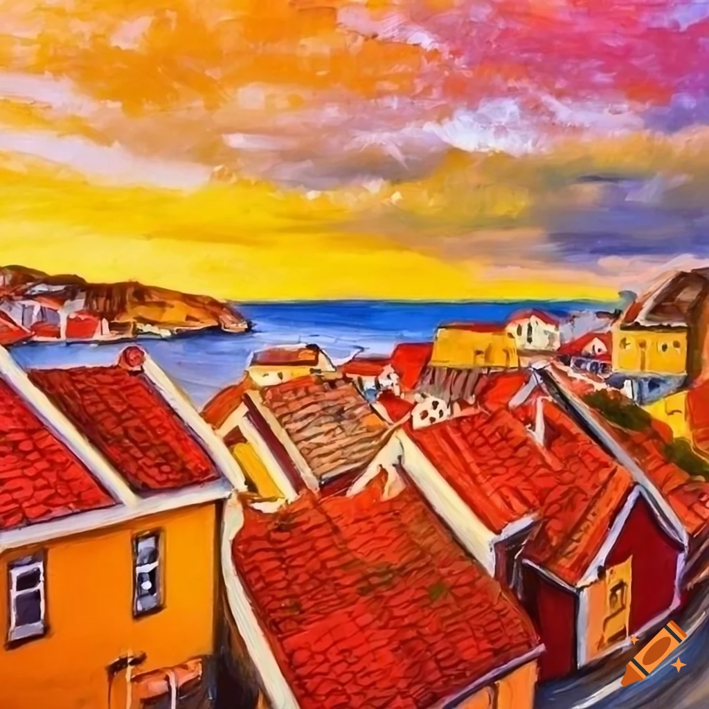 vibrant oil painting of a seaside town in Norway style