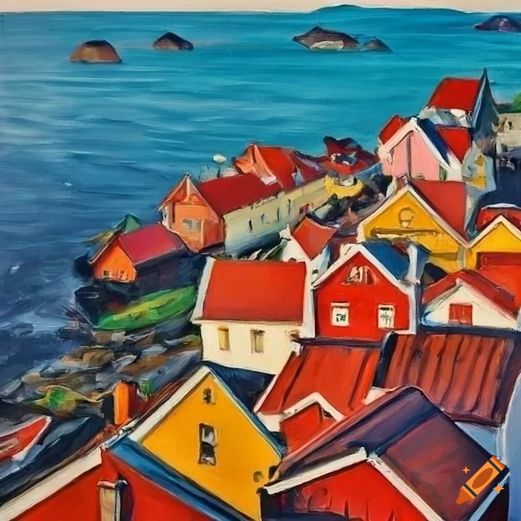 oil painting of a colorful seaside town at sunset