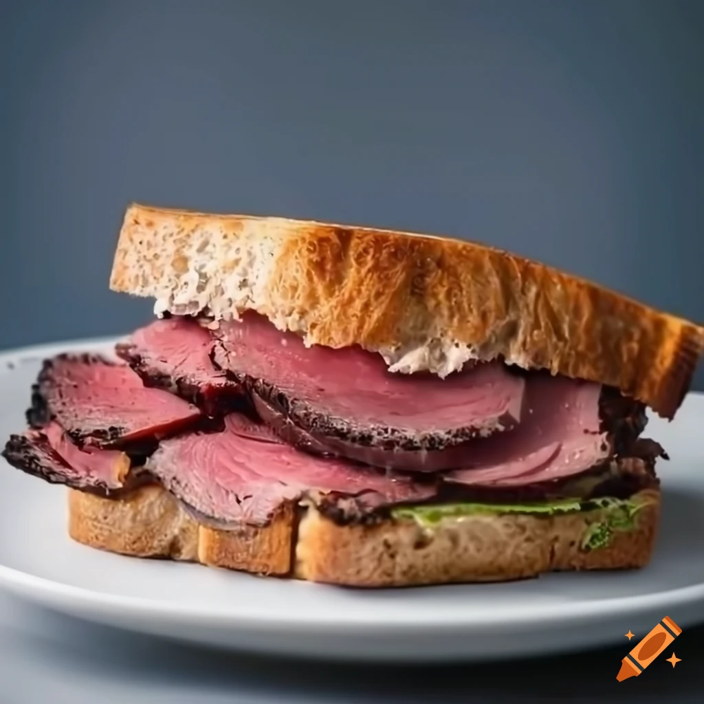hyperealistic Pastrami Sandwich on a plate in a modern kitchen