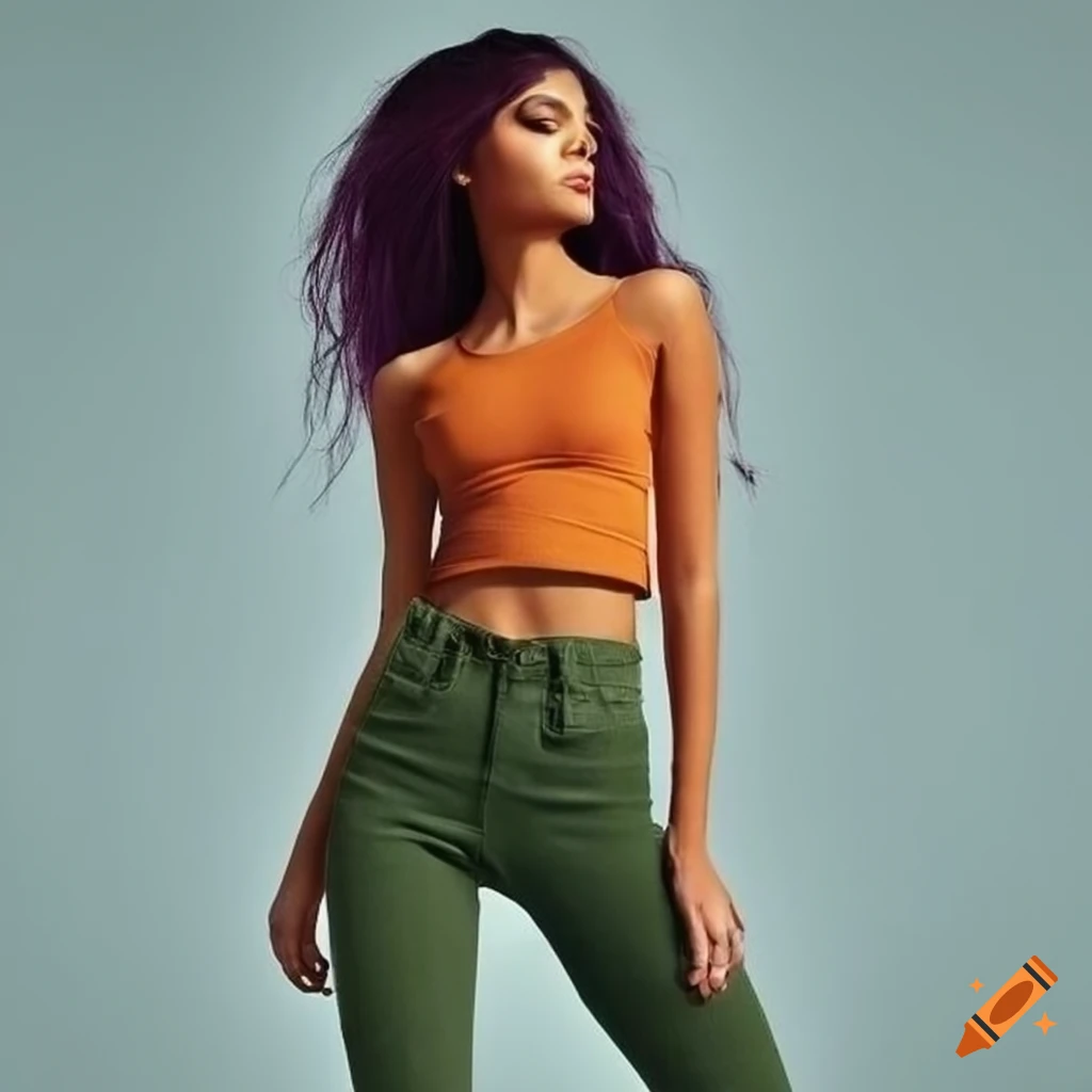 Stylish dark orange and dark green skinny jeans with a dark purple crop top