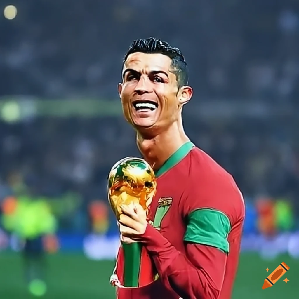 Cristiano ronaldo celebrating with the world cup trophy